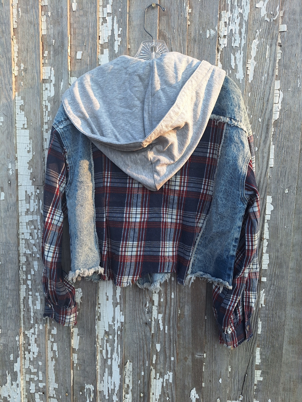 Oli & Hali Blue Denim Jacket with Red Plaid Sleeves and Gray Hood Size Large - Picture 2 of 3
